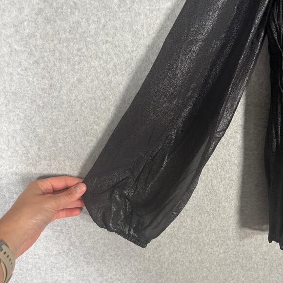 Nanette Lepore Blouse Small Metallic Sheer Sleeve Neck Bow Tie Cord Pleated - Picture 5 of 13